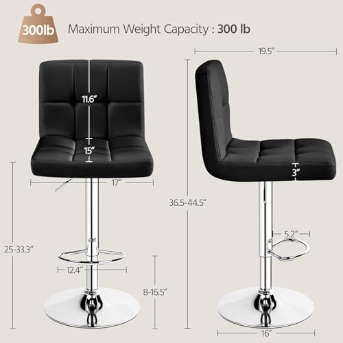 Image of Kemon KaiMeng Modern Adjustable Swivel Bar Stool Chair with Backrest, PU Leather Hydraulic Counter Stool with Footrest for Kitchen Island, Cafe & Home Bar, Black, Square Tufted Back Stool