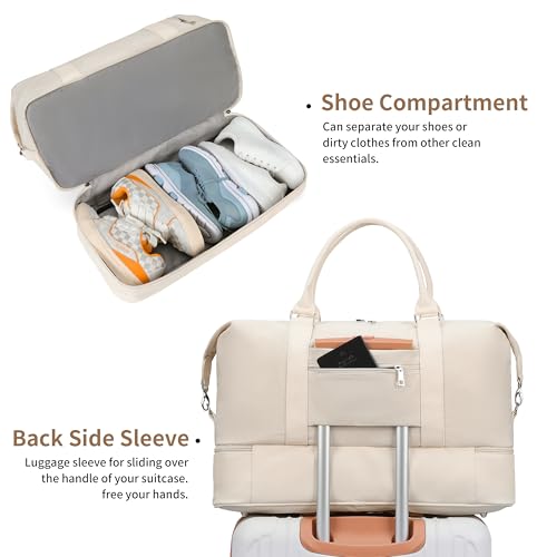 Image of Oeihuivt Weekender Bags for Women - 21 Inch Large Travel Duffel Bag with Shoe Compartment, Heavy-Duty Canvas Leather Carry On Overnight Tote, Beige-A, 21, Weekend Trip