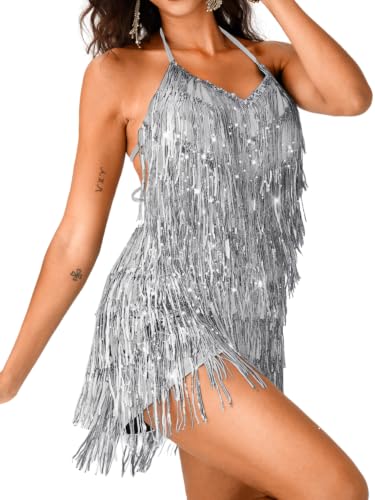 Image of Kaei&Shi Sequin Fringe Romper,Sparkly Glitter Metallic Jumpsuits For Women,Backless Shorts Dress Disco Birthday Dance Outfit