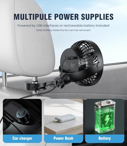 Image of LEMOISTAR Battery Operated USB Car Fan, Electric Cooling Fan, 4 Speed,360 Degree Rotatable Backseat,5V Cooling Air Small Personal for Car, Rear Seat Passenger Dog