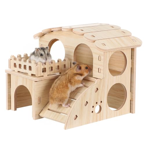 HJZHI Cachette polyvalente pour hamster et tunnel d'exploration, maison de hamster avec échelle d'escalade en bois pour gerbilles, hamsters, petits...