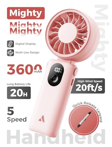 Image of Aecooly Mighty Portable Handheld Fan | 20H Max Cooling Time | 3 Flexible Modes | 5 Speeds Wind | Battery Level Display | USB Rechargeable Mini Personal Battery Powered, Gifts for Women, Travel -Pink