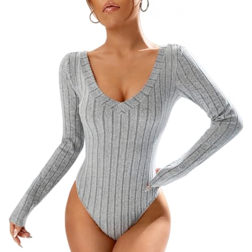 Image of TouKingda Long Sleeve Bodysuit for Women Sexy V Neck Leotard Tops Striped High Leg Body Suits Casual Slim Fit Jumpsuit with Snap Closure Clubwear Night Outfits Grey/M