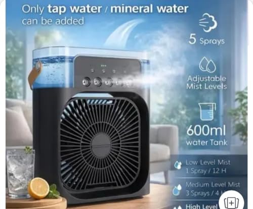 Image of Portable Mini Air Cooler Fan with Water Mist Spray, 600ml Tank, 5 Spray Modes, Adjustable Mist Levels - USB Powered