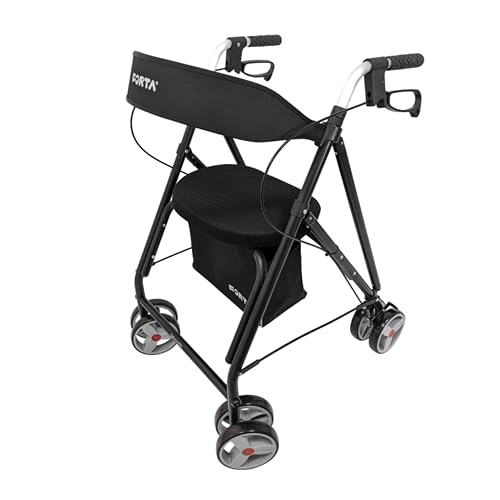 Forta Drakon 2 - Andador ligero y plegable para personas mayores - Con asiento, regulable en altura, freno de mano, para uso en exteriores - Capacidad de carga hasta 130 kg (Negro)