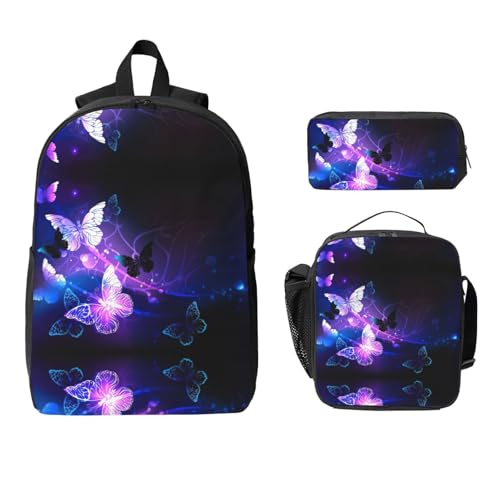 Mochila de mariposas nocturnas 3 en 1 con fiambrera y estuche escolar negro de 17 pulgadas 2