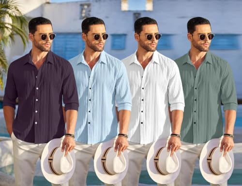 Image of FINIVO FASHION Combo of Men's Casual Cotton Plain Button Down Shirt Long Sleeve Textured Summer Beach Shirt for Men Pack of 4