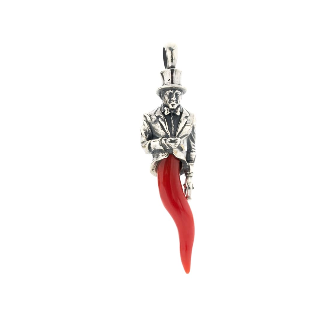 Ciondolo gobbetto gobbo in argento 925 con corno cornetto in corallo rosso del Mediterraneo amuleto portafortuna unisex gioiello da uomo donna ragazza ragazzo pendente argento