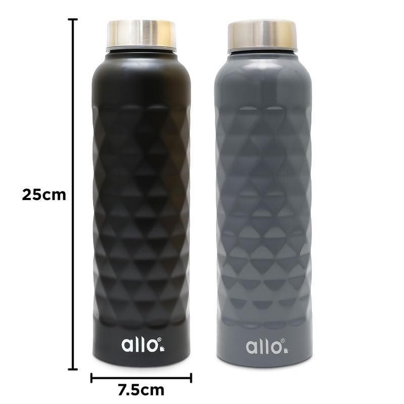 Image of Allo Stainless Steel Water Bottle For Adults, Kids 1 Litre Water Bottles For School, Office, Sports, Gym 1L Water Bottle For Men And Women, Pack Of 2| Leak Proof, Bpa Free, Black & Dark Grey Diamond