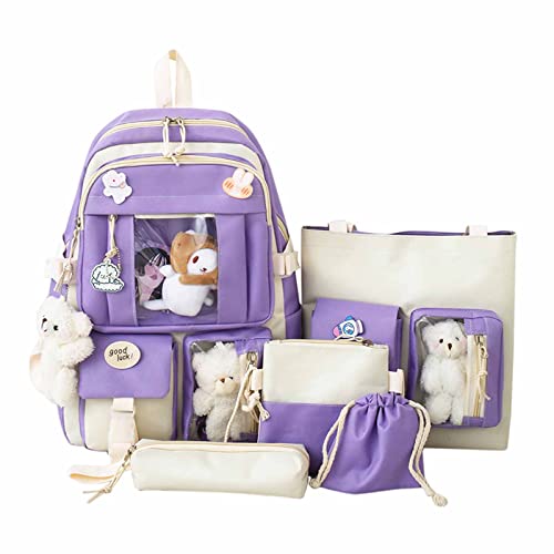 Kawaii Backpack, 5 pezzi Cute Kawaii Backpack Zaino Kawaii con pin e accessori, Kawaii Backpack per scuola (B-viola)