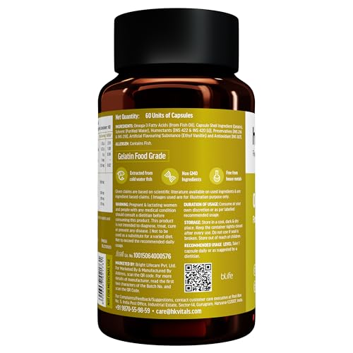 hk vitals Omega 3 (60 Fish Oil Capsules) | 1000mg Omega 3 with 180mg EPA & 120mg DHA | For Brain, Heart, Eyes, and Joints Health