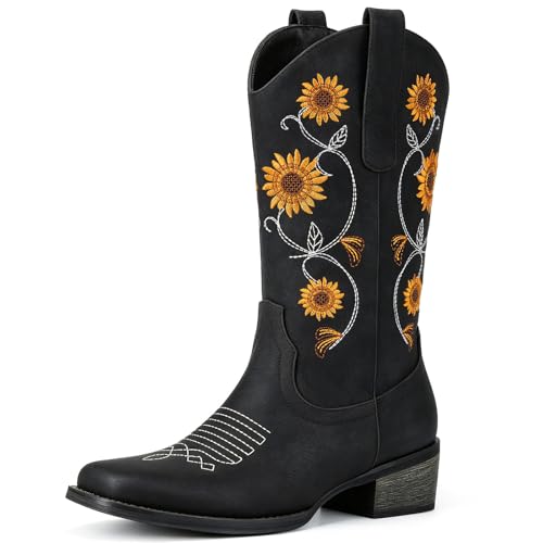 Image of Cowboy Boots for Women - Mid Calf Western Sunflower Cowgirl Boots with Floral Embroidery, Square Toe Stitched Pull On Retro Design, Perfect for Country Idyll, Concerts and More