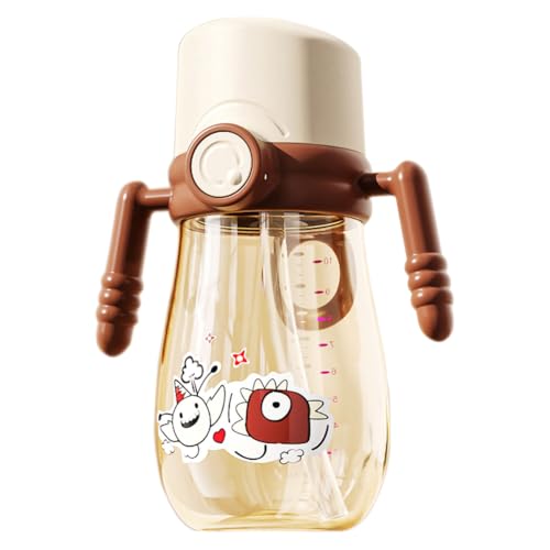 Sigdio - Taza de aprendizaje (300 ml, con paja, para niños, 100 % impermeable, antifugas, fácil de abrir, asas extraíbles (marrón, 300 ml)