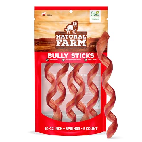 Natural Farm Odor-Free Curly Bully Sticks (10-12 Inch, 5 Pack), Fully Digestible, 100% Beef Pizzle Chews, More Engagement & Fun, Grass-Fed, Non-GMO, Fully Digestible - Best for Small & Medium Chewers
