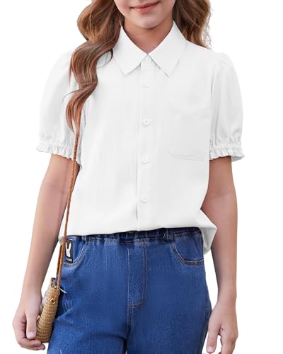 Hvididan Girls Short Sleeve Shirts Casual Turn Down Collar Lantern Sleeve Ruffle Cuffs Button Down Blouses with Pocket, White, 11-12 Years