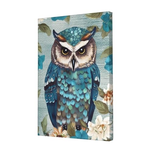 Toile hibou fleurs de printemps turquoise déco murale salon chambre 30x45