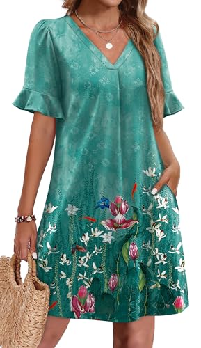Image of OFEEFAN Summer Dresses for Women Ruffle Short Sleeve V Neck Casual Shift Dress with Pockets