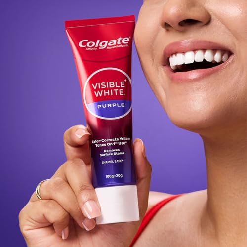 Colgate Visible White Purple Toothpaste for Teeth Whitening, Helps Remove Surface Stains, Whitens Yellow Teeth, Enamel-Safe for Daily Use, 120g