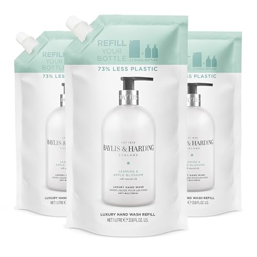 Baylis & Harding Jasmine & Apple Blossom Anti-Bacterial Hand Wash 1 litre Refill Pouch (Pack of 3) - Vegan Friendly