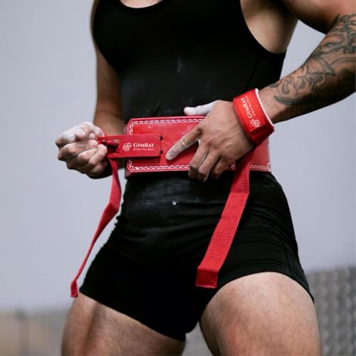 Image of GYMRAT Weight Lifting Straps with Padded Neoprene for Deadlifts, Strength Training, Gym Workouts - 22 inch Cotton Straps for Men & Women | Premium Fitness Gear (DEADLIFT STRAPS, RED)