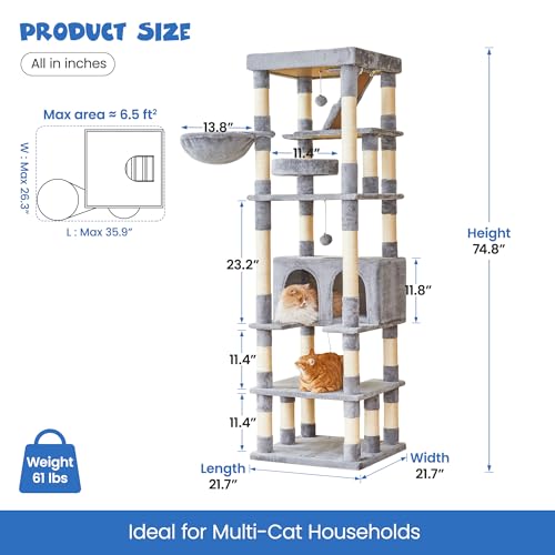 Árbol para gatos grande 74.8 pulgadas con postes rascadores y casa miniatura 6
