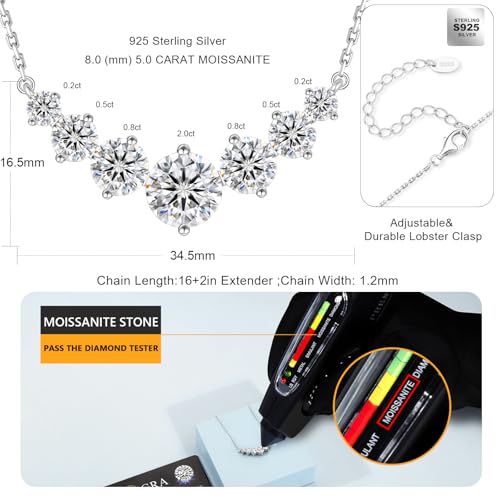 KRKC Moissanite Pendant Necklace for Women, 1.7CT/2.8CT/5CT Lab Created Diamond Necklace Anniversary Romantic Gift for Her, VVS1 Clarity D Color, Adjustable S925 Sterling Silver Chain 14K White Gold Plated, Birthday Gifts for Wife Mom Daughter, Valentines Christmas Gift3