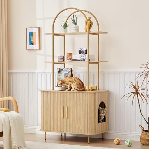 Image of 62 inch Sliding Door Hidden Cat Litter Box Enclosure with Shelves