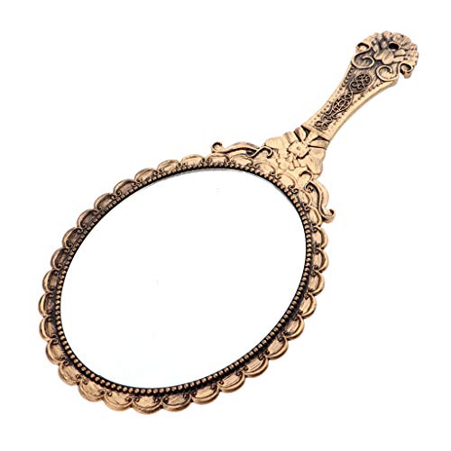 Fityle Espelho oval de mão estilo antigo decorativo com alça em relevo design rosa para maquiagem co