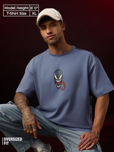 Image of The Souled Store Official Marvel: Spider x Venom Oversized T-Shirt for Men Boys Cotton Casual Half Sleeves Baggy Loose Fit Drop Shoulder Round Neck Black