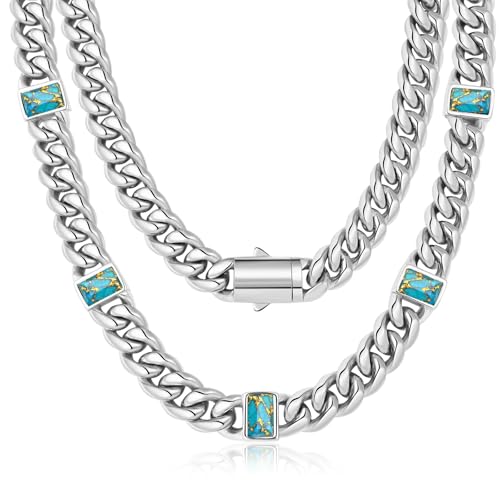 TUNGSTORY Mens 12mm Silver Cuban Link Chain with Natural Turquoise - Waterproof 316L Stainless Steel Necklace for Daily Wear & Streetwear - Hypoallergenic Protective Gemstone Jewelry Gift (22 Inch)