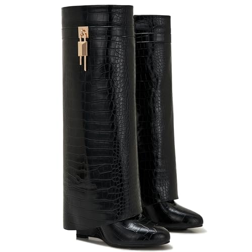 Image of Fold Over Knee High Boots for Women Pointy Pull-on Wedge Heel Knee Shark Boot With Side Zipper Covered Wedge Heel Padlock Boot