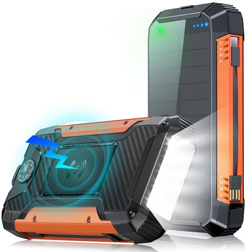 49800mAh Batterie Externe, Power Bank Solaire sans Fil avec Charge Rapide 30W PD, 3 Sorties, 2 Câbles Intégré, Lampe Torche, Chargeur Portable pour Camping,...
