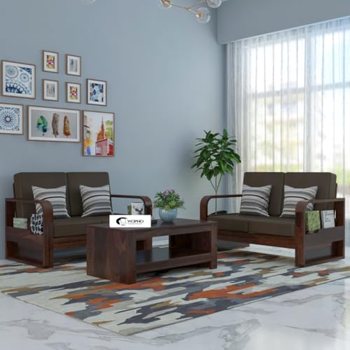 Image of Solid Sheesham Wooden 4 Seater Sofa Set for Living Room | Sofa Set with Side Pocket Storage & Cushion | Rosewood Sofa Set for Home (Walnut with Brown Cushion, 4 Seater)
