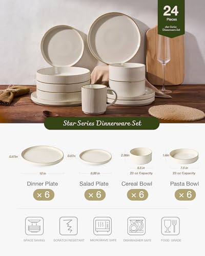 Image of Famiware Star 24-Piece Stoneware Dinnerware Set with Trim, Service for 6 - Shallow Pasta Bowls & Flat Plates, Dishes for Everyday & Formal Use, Chip /Scratch Resistant, Microwave /Dishwasher Safe, White