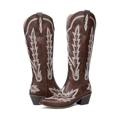 Image of olomisa Over the Knee Cowboy Boots for Women Embroidery Cowgirl Boots Chunky Heel Side Zipper Boots Thigh High Western Boots