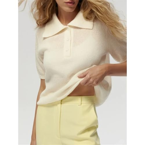 Women's Lapel Hollow Knitted Short Sleeved Sweater Bubble Sleeve T-Shirt Knitted Sweater3