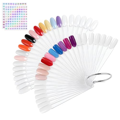 200 Pcs Nail Swatch Sticks Clear Nail Art Tips Color Sticks for Nail Gel Polish Practice (100 Pcs Flat Nail Swatches + 100 Pcs Round 1-200 Number Stickers)
