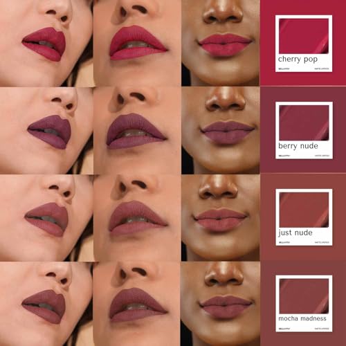 Image of Bella Vita Organic Mini Kiss Proof Liquid Lipstick Gift Set of 4x2ml | Smudge & Transfer-Proof | Intense Moisturisation | Just Nude, Berry Nude, Mocha Madness, Cherry Pop | Lipstick Combo Set