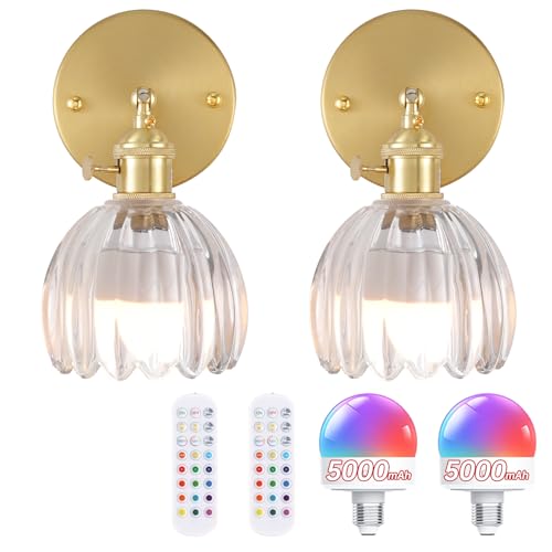 Image of Shenmoyl Vintage Battery Operated Wall Sconce with Clear Tulip Glass Lampshade 5000 mAh Rechargeable Battery Powered Wall Light with Remote Control for Bedside Bedroom Doorway, Set of 2