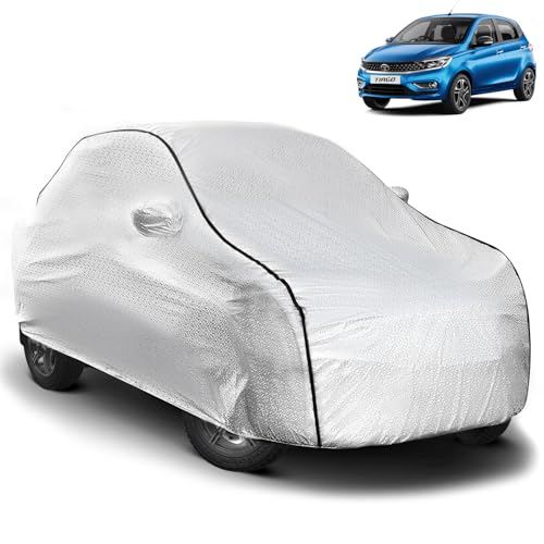 Image of Pivalo Car Cover for Tata Tiago All Model & Years (2016-2025) 100% Waterproof with Mirror Pockets, Triple Stitched Bottom Elastic Dustproof Full Body Protection (Heat & UV Resistant, Silver)