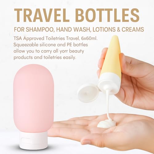 Image of Travel Bottle Kit for Toiletries (6 Pcs, 60 mL) | Travelling Toiletry Bottles Kit with Leakproof Toiletry | Travel Size Bottles for Toiletries | Refillable Set for Lotion, Shampoo, Gel