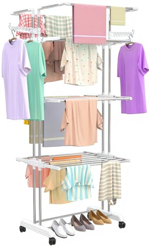 Image of H Houseware Foldable Clothes Drying Stand | 4-Tier Stainless Steel Heavy-Duty Laundry Rack with Wheels & Hanger Slots | Rust-Proof Clothes Dryer for Indoor & Outdoor Balcony Use(White)