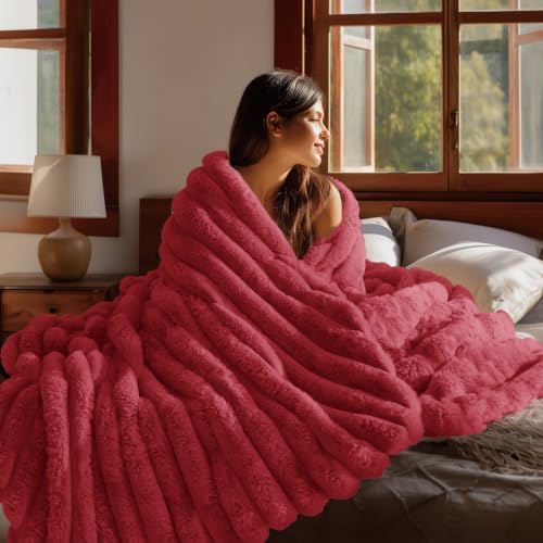 Image of BEDELITE Faux Fur Throw Blanket for Couch, 770GSM, 50 inch x 60 inch, Red | Soft and Cozy Luxurious 3D Striped Fluffy Blanket, Warm Plush Fuzzy Faux Rabbit Fur for Women Gift, Stylish Room Decor