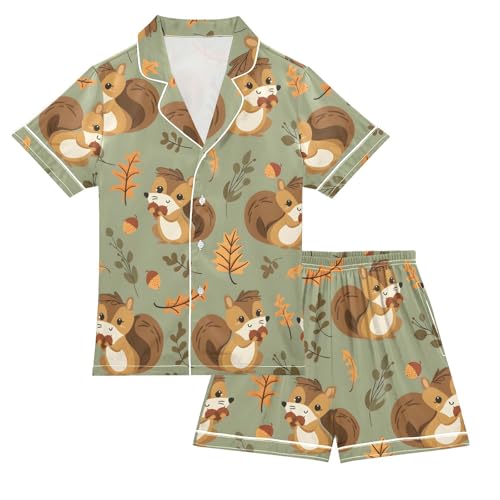 ALAZA Squirrel Animal Leaf Pajamas Satin Pajama Set Short Sleeve Button Down Sleepwear