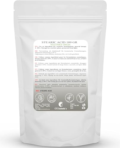 STEARIC ACID - 100 GR - Wird in einer Vielzahl von Produkten wie Lotionsriegeln, Cremes, Balsamen, Salben, Sticks und Kerzen verwendet