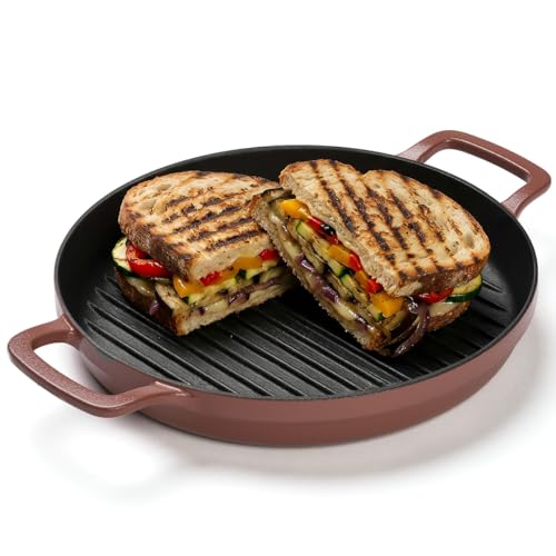 Image of Ember Cookware Pre-Seasoned Cast Iron Grill Pan 26 cm | 10-Year Warranty | Heavy Duty Induction Cookware | Cast Iron Cookware | Non-Toxic Tandoor Grill Pan for Kebab, Vegetables & Sandwich |Terracotta