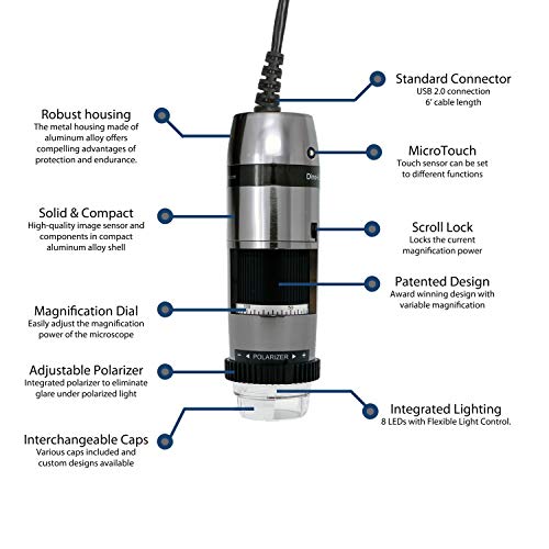 Image of Dino-Lite USB Digital Microscope AM7115MZT, 10x-220x Magnification 5.0MP, Microtouch, Measurement, Scroll Lock, Polarizer, Removable Cap, Metal Body