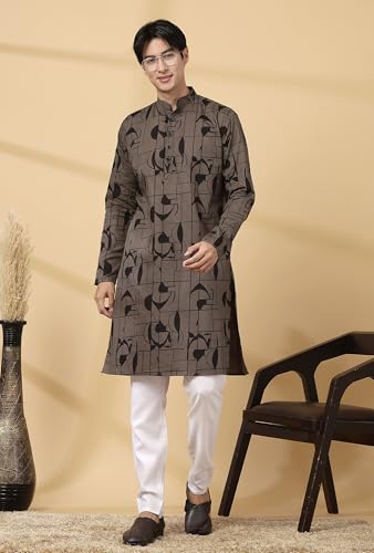Image of Majestic Man Men's Cotton Regular Fit Casual Mandarin Collar Ethnic Motifs Printed Long Regular Kurta