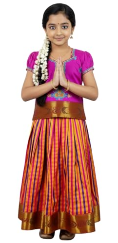 Image of Girls Traditional Silk Pavadai Sattai Lehenga Choli with Waist Belt | Ethnic Festival Wear for Girls, Perfect for Weddings, Pongal, Religious & Special Occasions