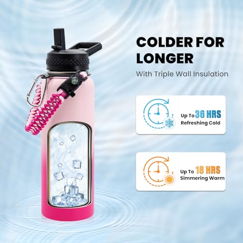 Image of RAYMYLO Insulated Water Bottle 40 oz, Triple Wall Vacuum Stainless Steel (Cold for 36Hrs, Hot for 18Hrs), Leak Proof & Non-BPA, Modern Water Flask Jug with Paracord Handle & Straw Spout Lids